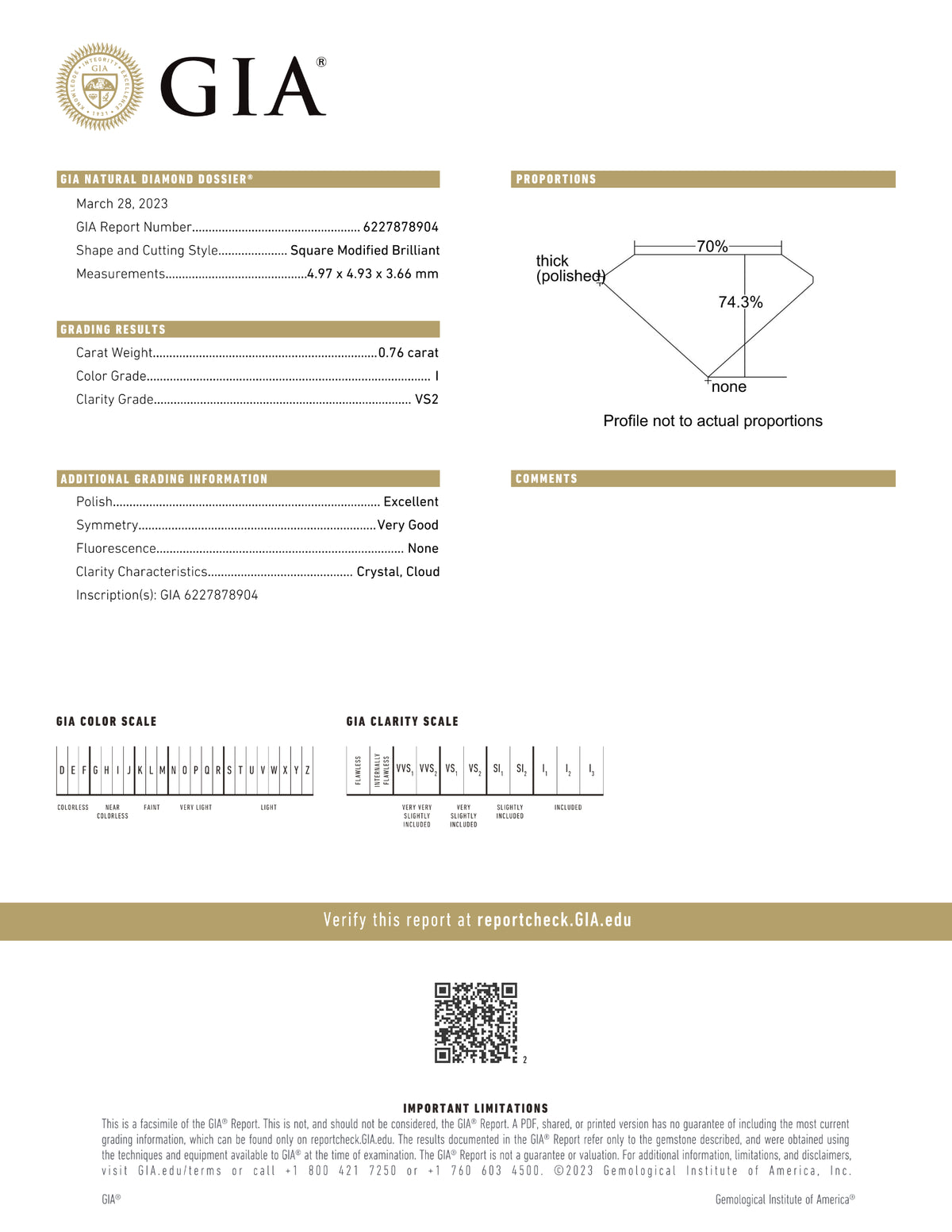 Certified 0.76 Ct Princess cut I VS2 Loose Diamond