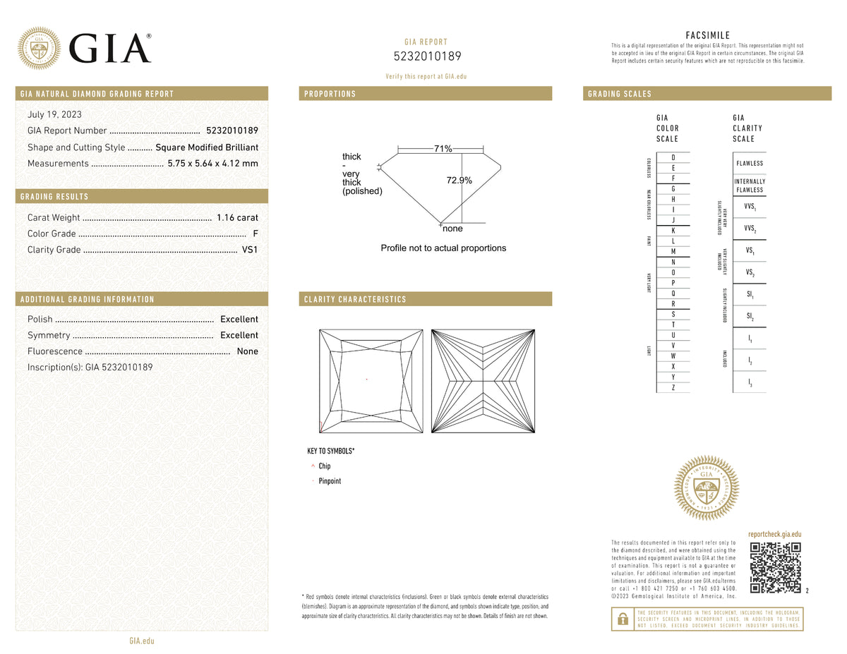 GIA Certified 1.16 Ct Princess cut F VS1 Loose Diamond