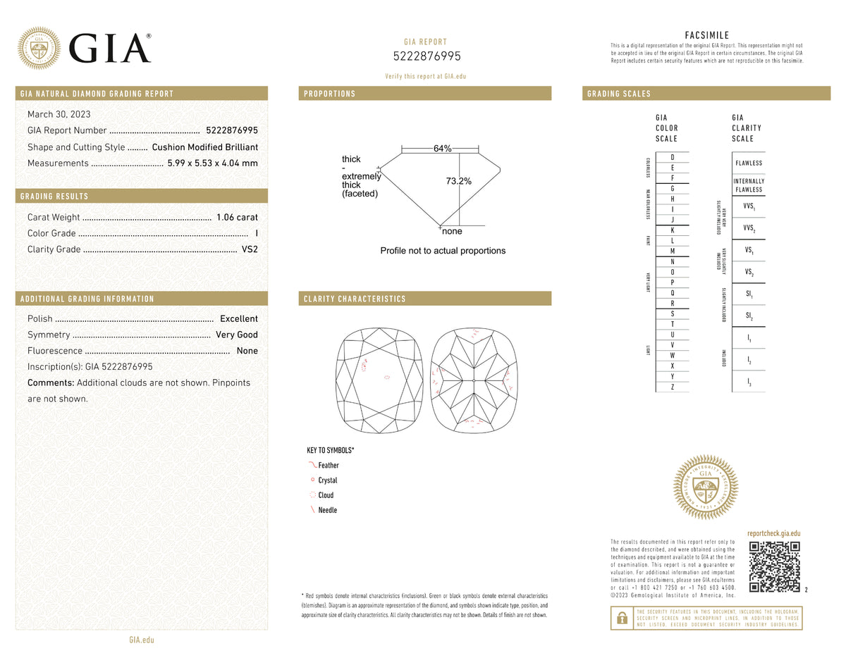 GIA Certified 1.06 Ct Cushion cut I VS2 Loose Diamond