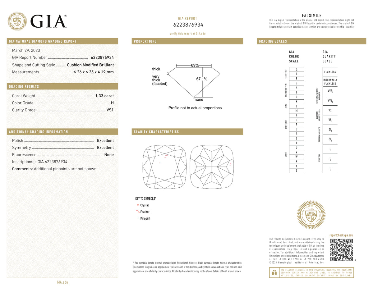 GIA Certified 1.33 Ct Cushion cut H VS1 Loose Diamond