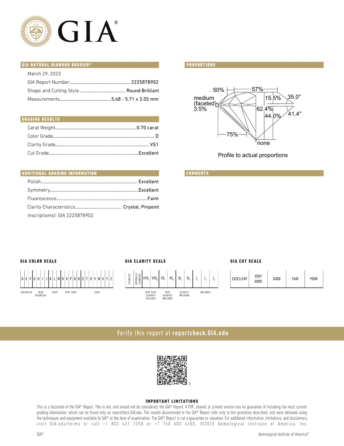 Certified 0.70 Ct Round cut D VS1 Loose Diamond