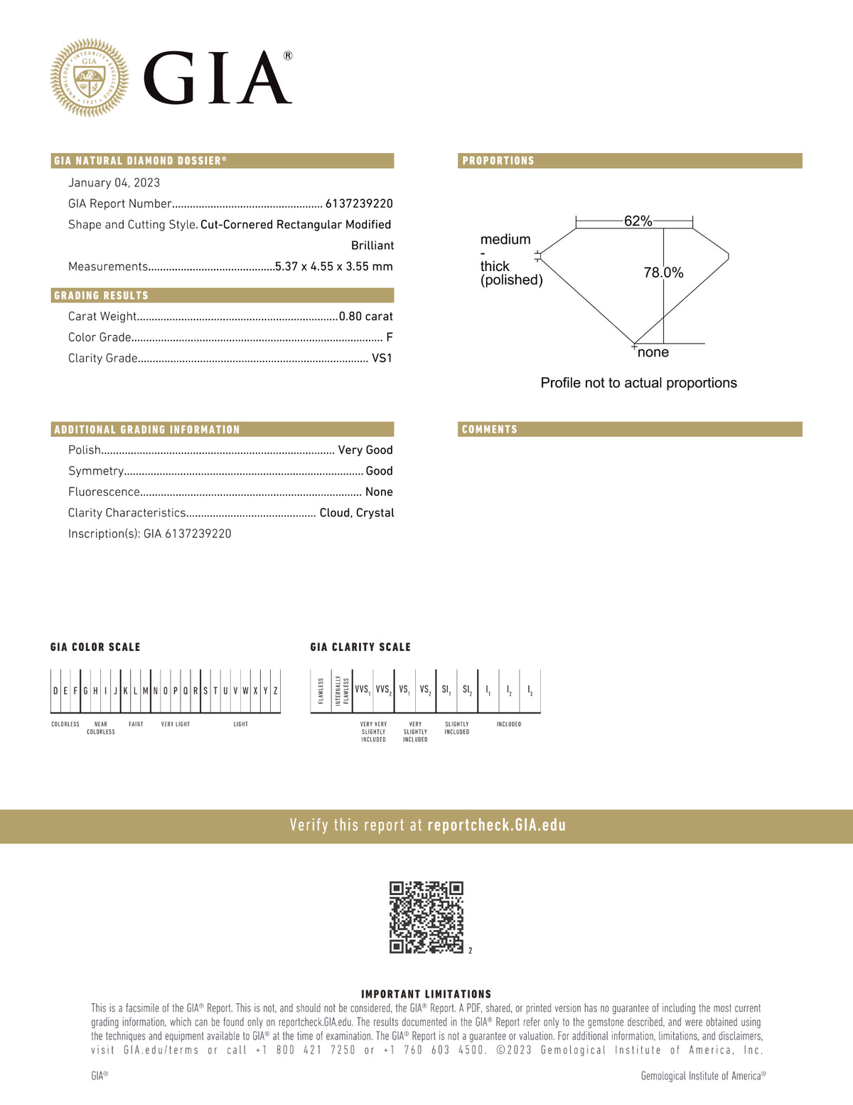 GIA Certified 0.80 Ct Radiant cut F VS1 Loose Diamond