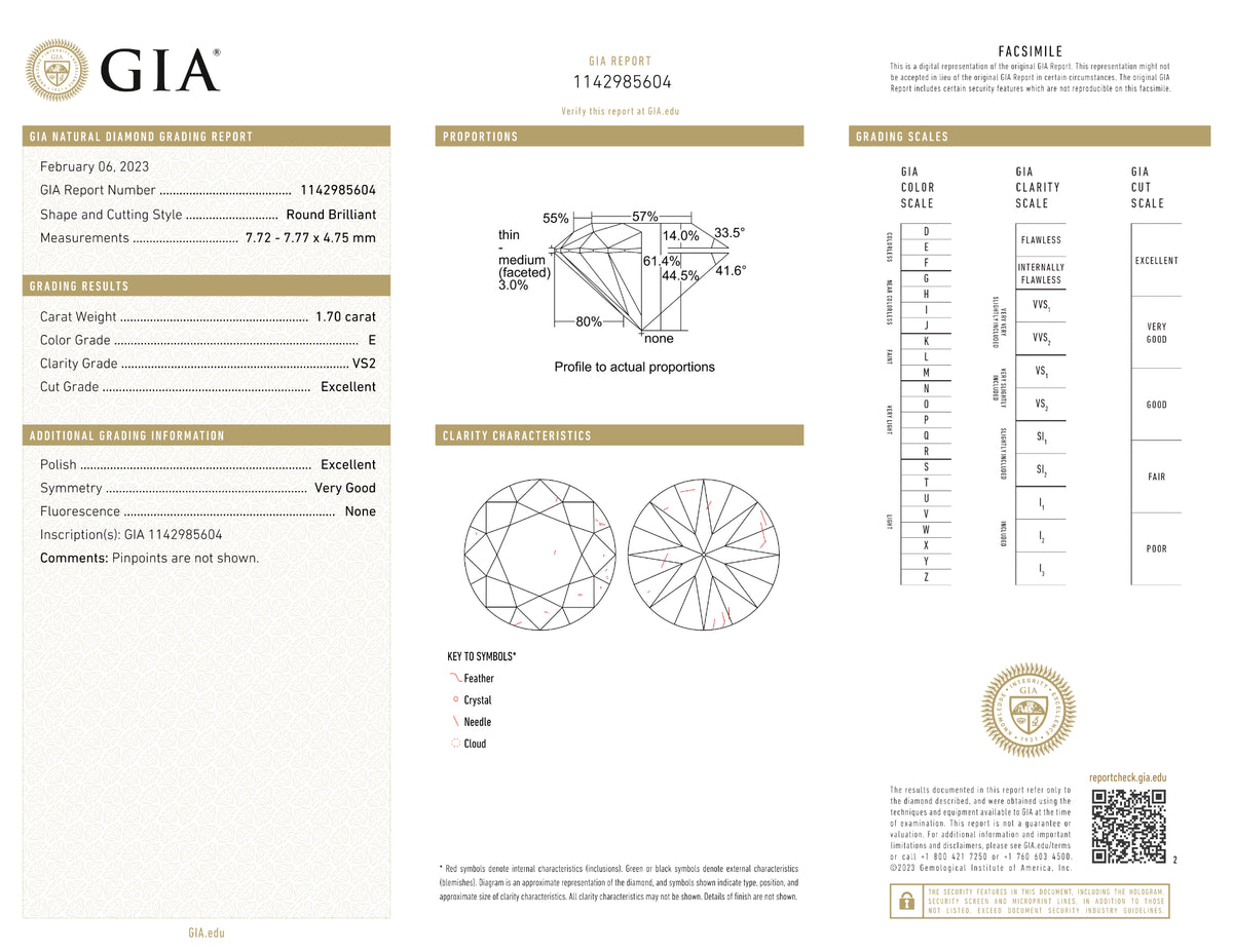 GIA Certified 1.70 Ct Round cut E VS2 Loose Diamond