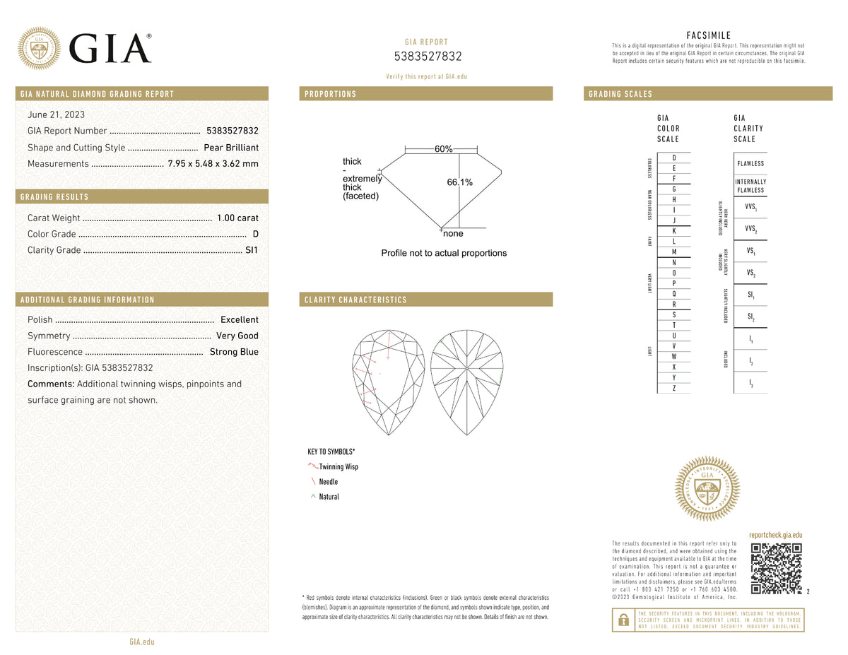 GIA Certified 1.00 Ct Pear cut D SI1 Loose Diamond