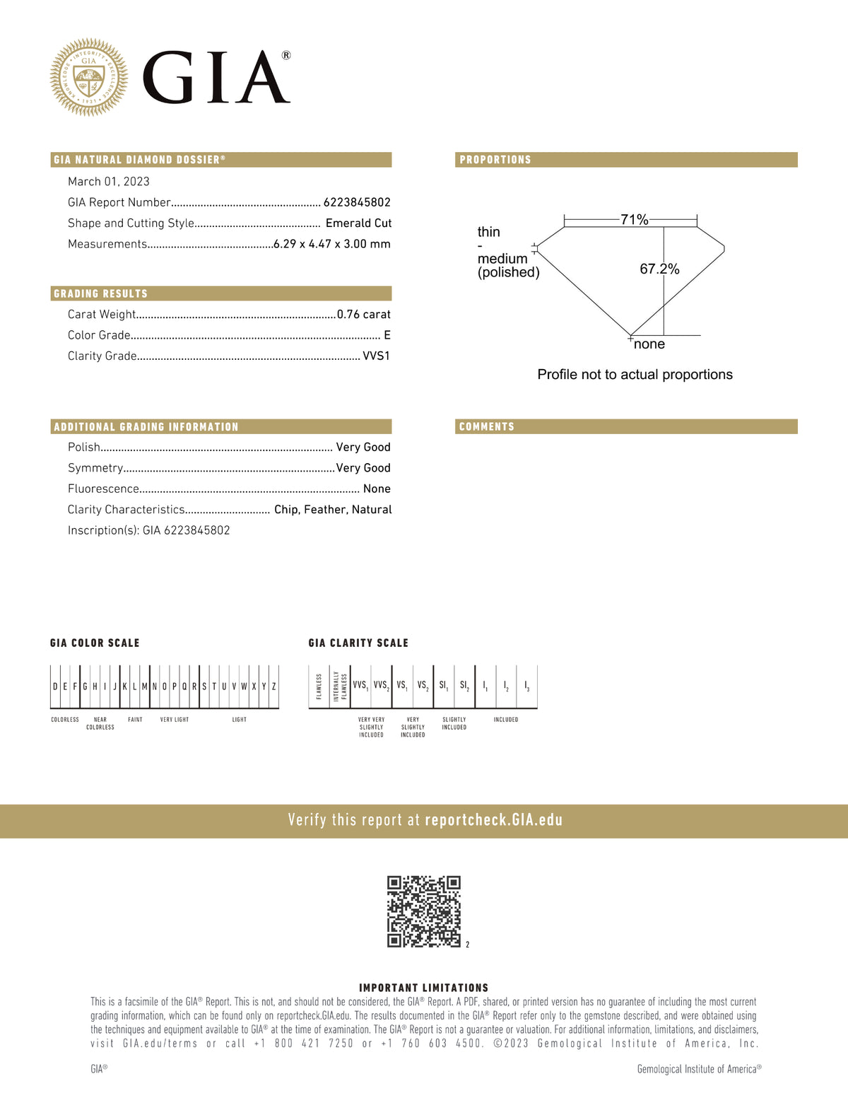 GIA Certified 0.76 Ct Emerald cut E VVS1 Loose Diamond