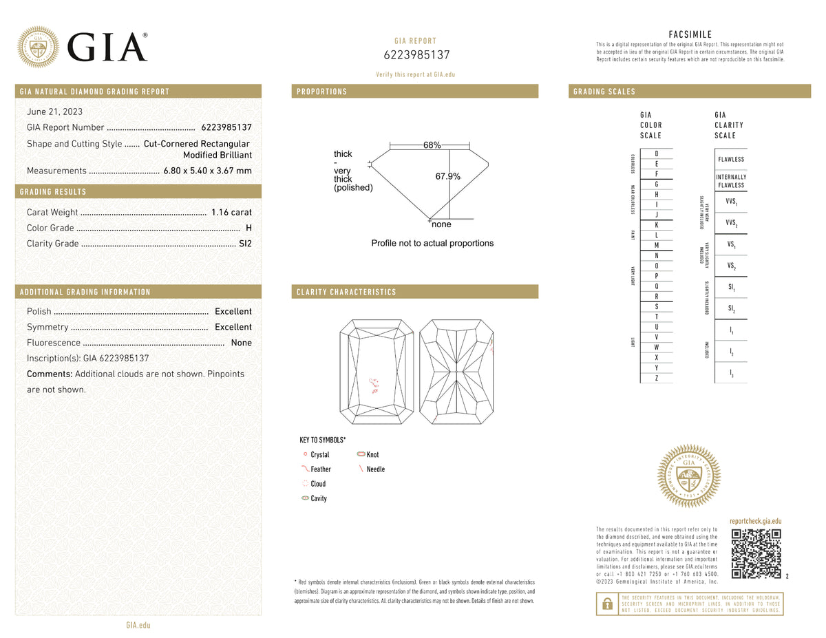 GIA Certified 1.16 Ct Radiant cut H SI2 Loose Diamond