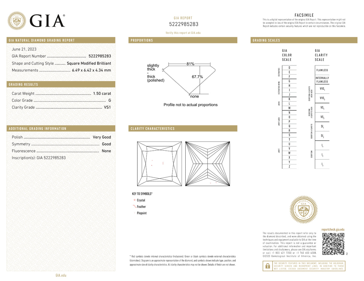 GIA Certified 1.50 Ct Princess cut G VS1 Loose Diamond