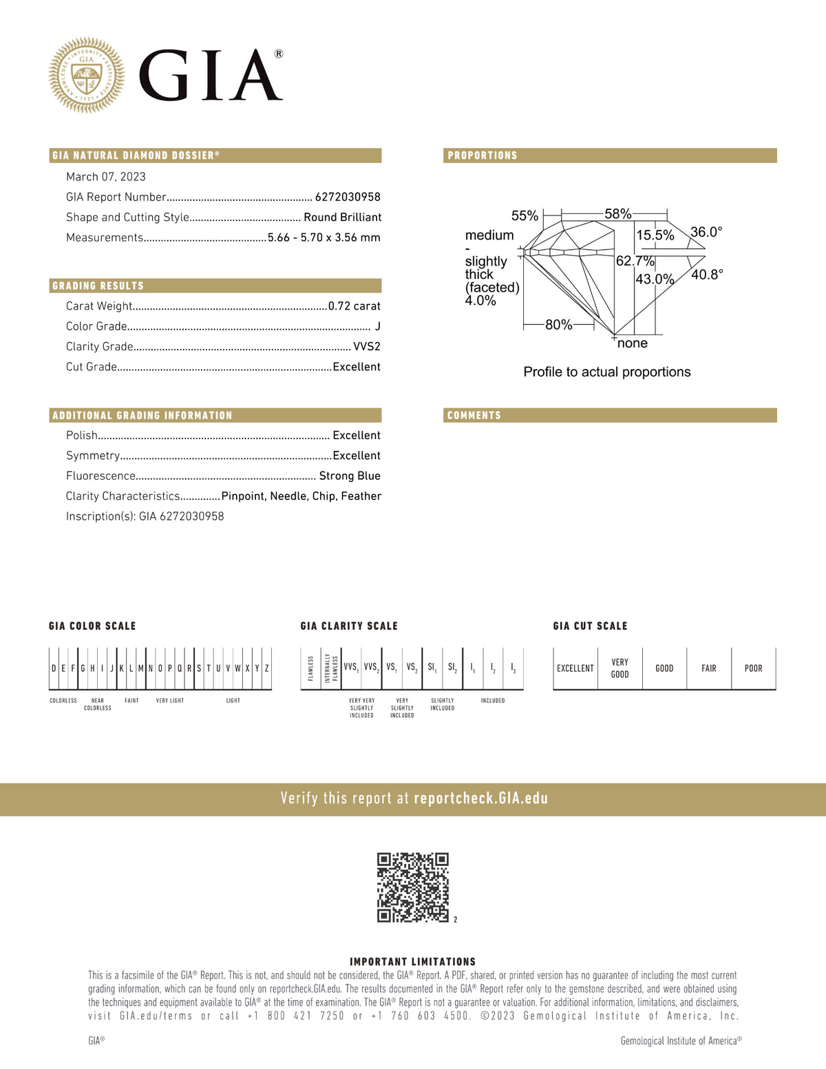 GIA Certified 0.72 Ct Round cut J VVS2 Loose Diamond