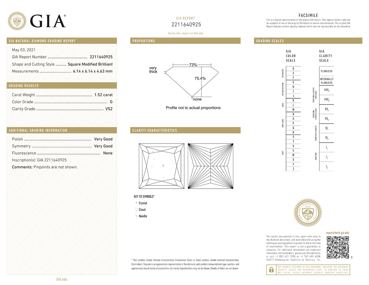 GIA Certified 1.52 Ct Princess cut G VS2 Loose Diamond