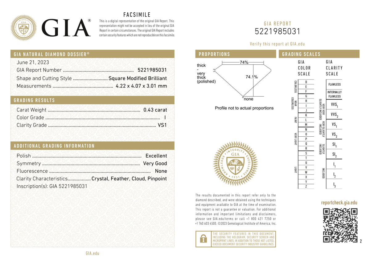 GIA Certified 0.43 Ct Princess cut I VS1 Loose Diamond