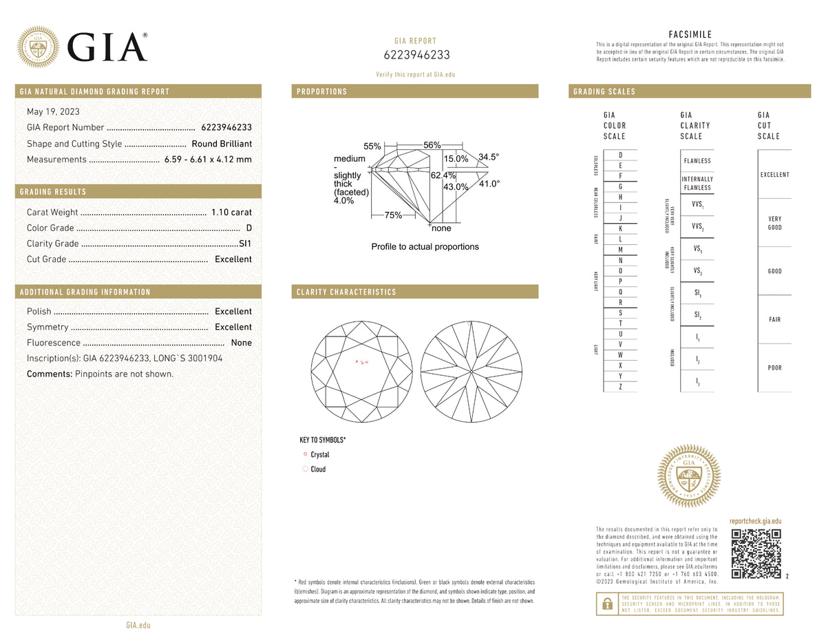 GIA Certified 1.10 Ct Round cut D SI1 Loose Diamond