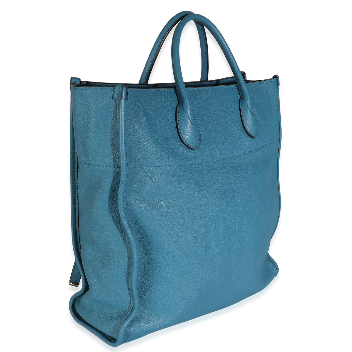 Blue Leather Logo Embossed Shopper Tote