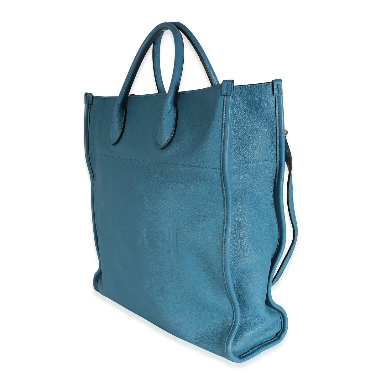 Blue Leather Logo Embossed Shopper Tote