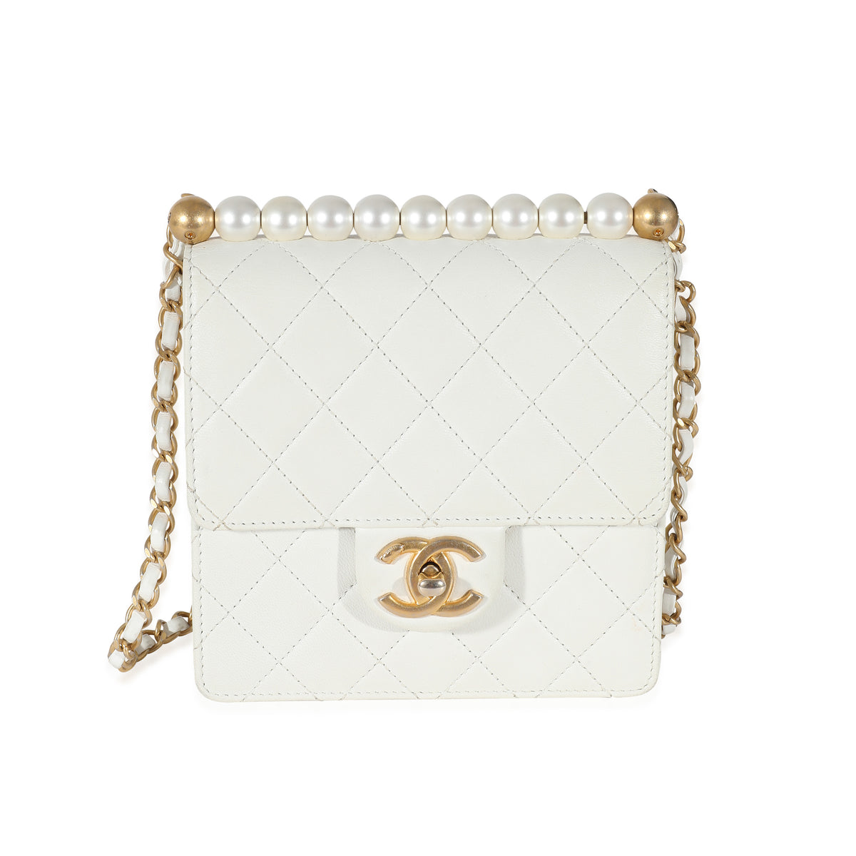 White Quilted Goatskin Vertical Chic Pearls Flap Bag