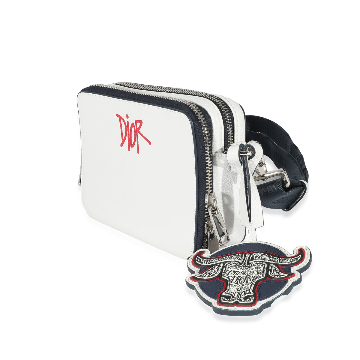 Dior x Shawn Stussy White Grained Calfskin Double Zip Crossbody Pouch