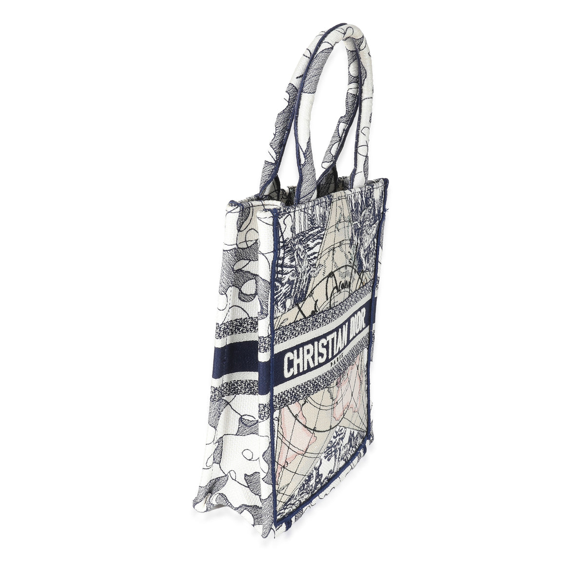 Blue White Embroidered Canvas Vertical Book Tote