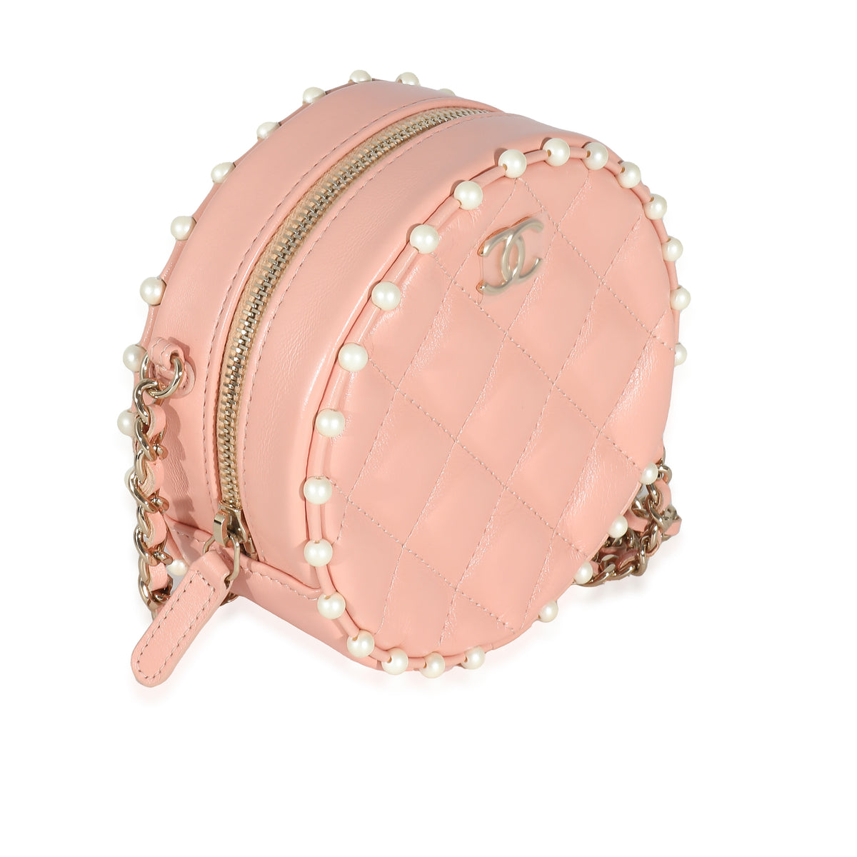 Pink Quilted Calfskin Pearl Round Clutch With Chain