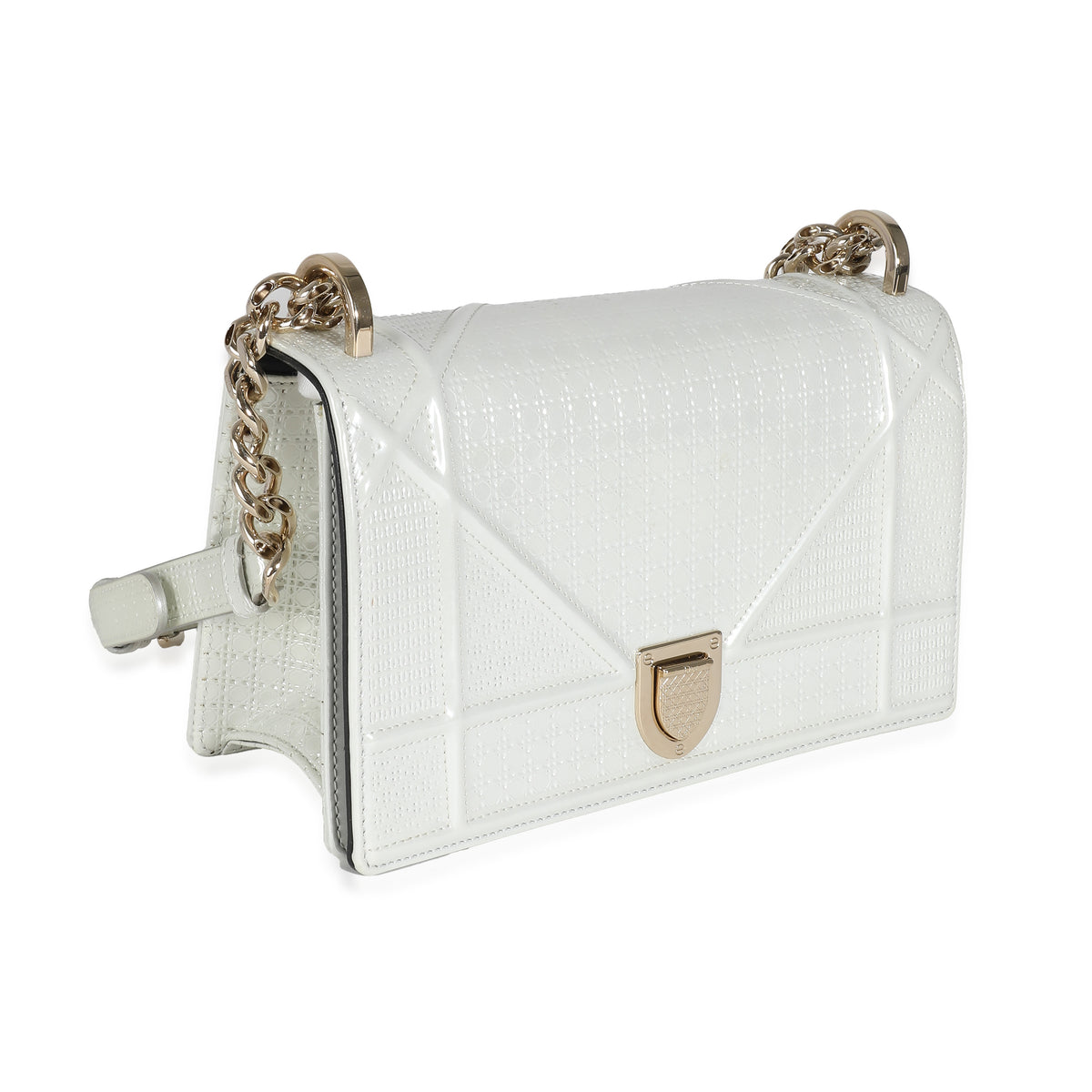 White Micro Cannage Patent Small Diorama Flap Bag