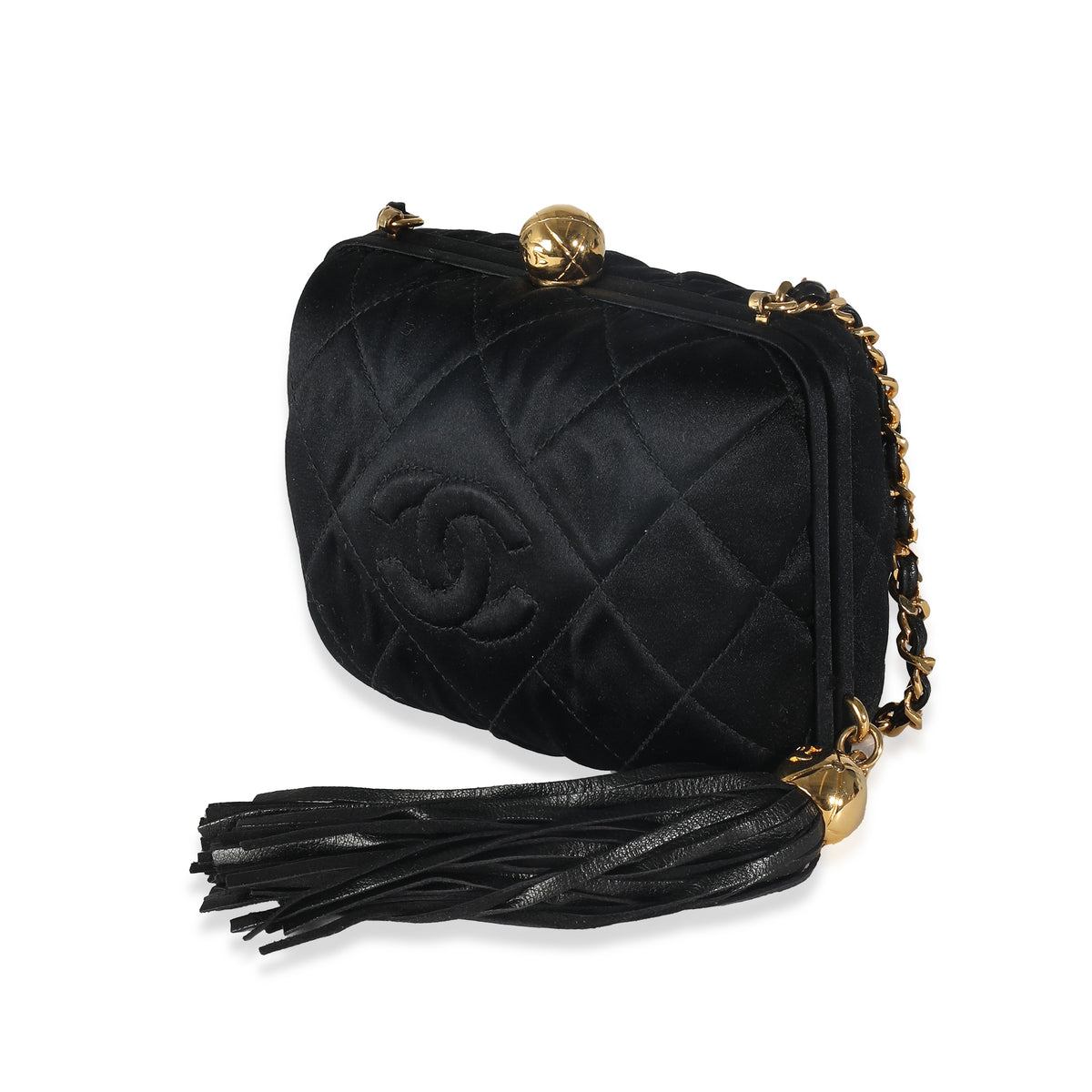 Black Quilted Satin CC Tassel Box Clutch