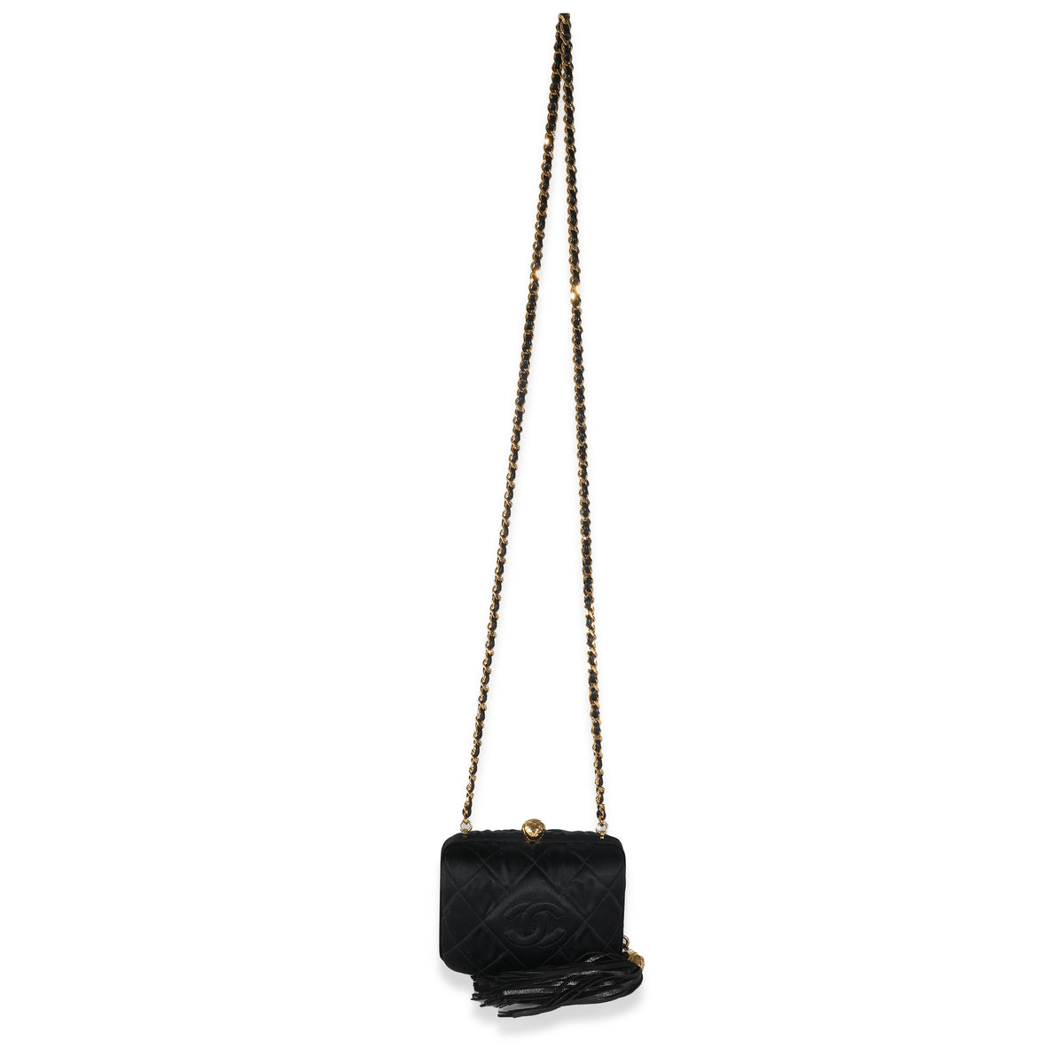 Black Quilted Satin CC Tassel Box Clutch