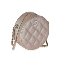 Pink Iridescent Quilted Caviar Round Handbag With Chain