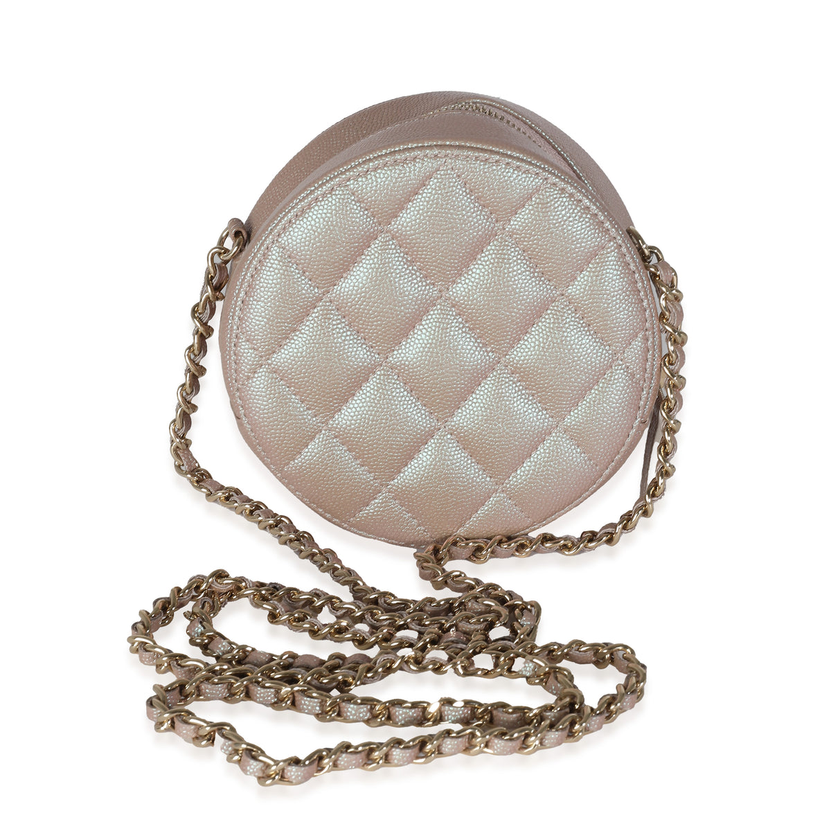 Pink Iridescent Quilted Caviar Round Handbag With Chain