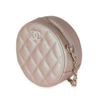 Pink Iridescent Quilted Caviar Round Handbag With Chain