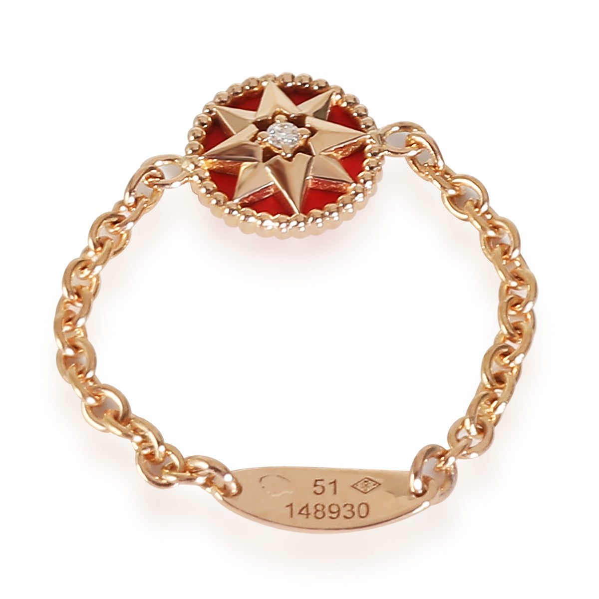 Dior Rose Des Vents Chain Ring With Red Lacquer & Diamond in 18KT Rose Gold