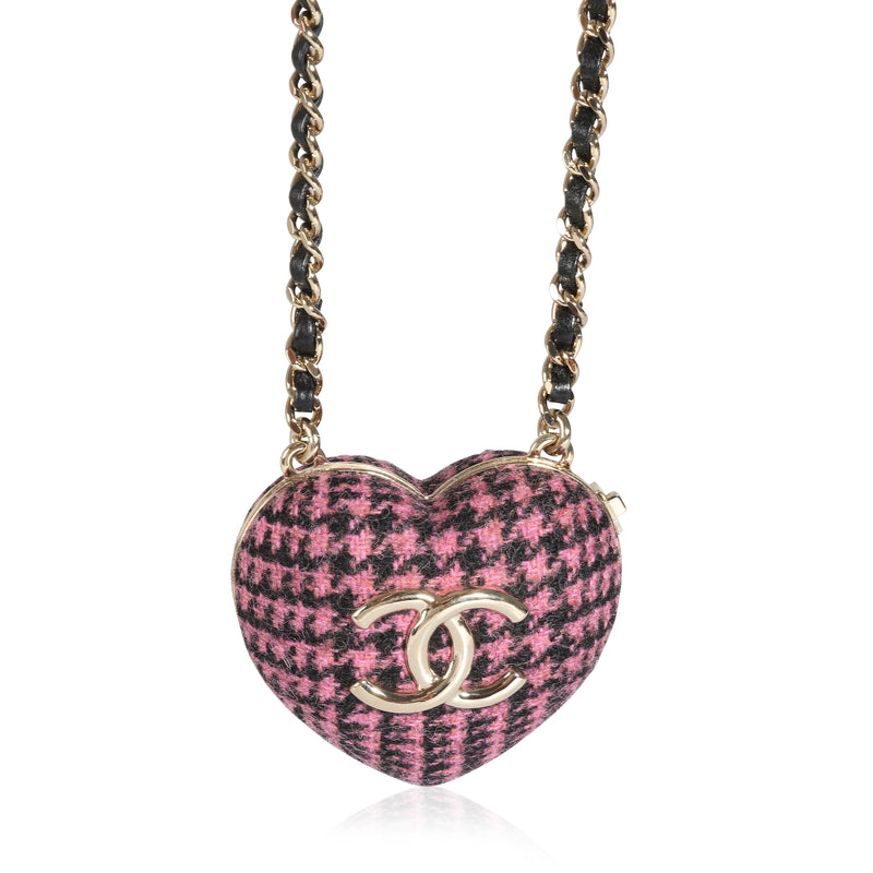 Gold Plated Chanel 2022 Tweed Heart Locket Necklace