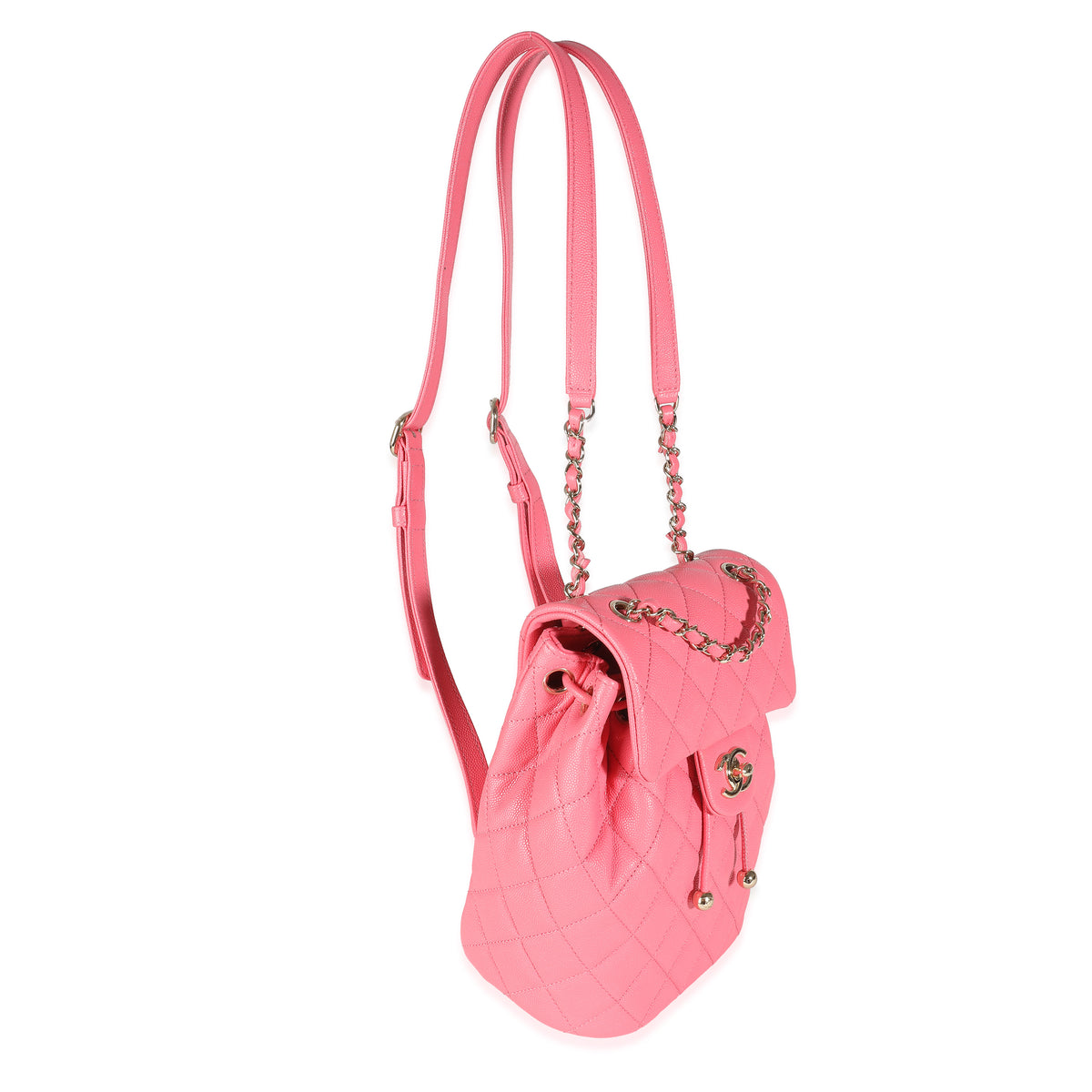 Pink Quilted Caviar Drawstring Backpack Handbag