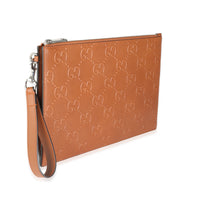 Brown Leather Jumbo GG Embossed Wristlet Pouch