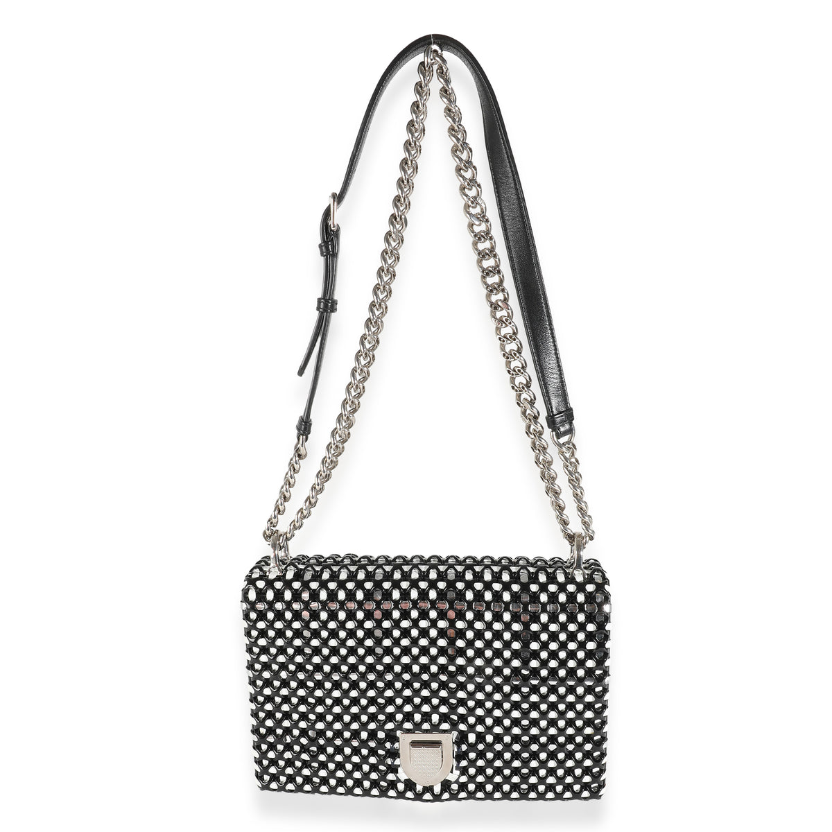 Black White Leather Woven Medium Diorama Flap Bag