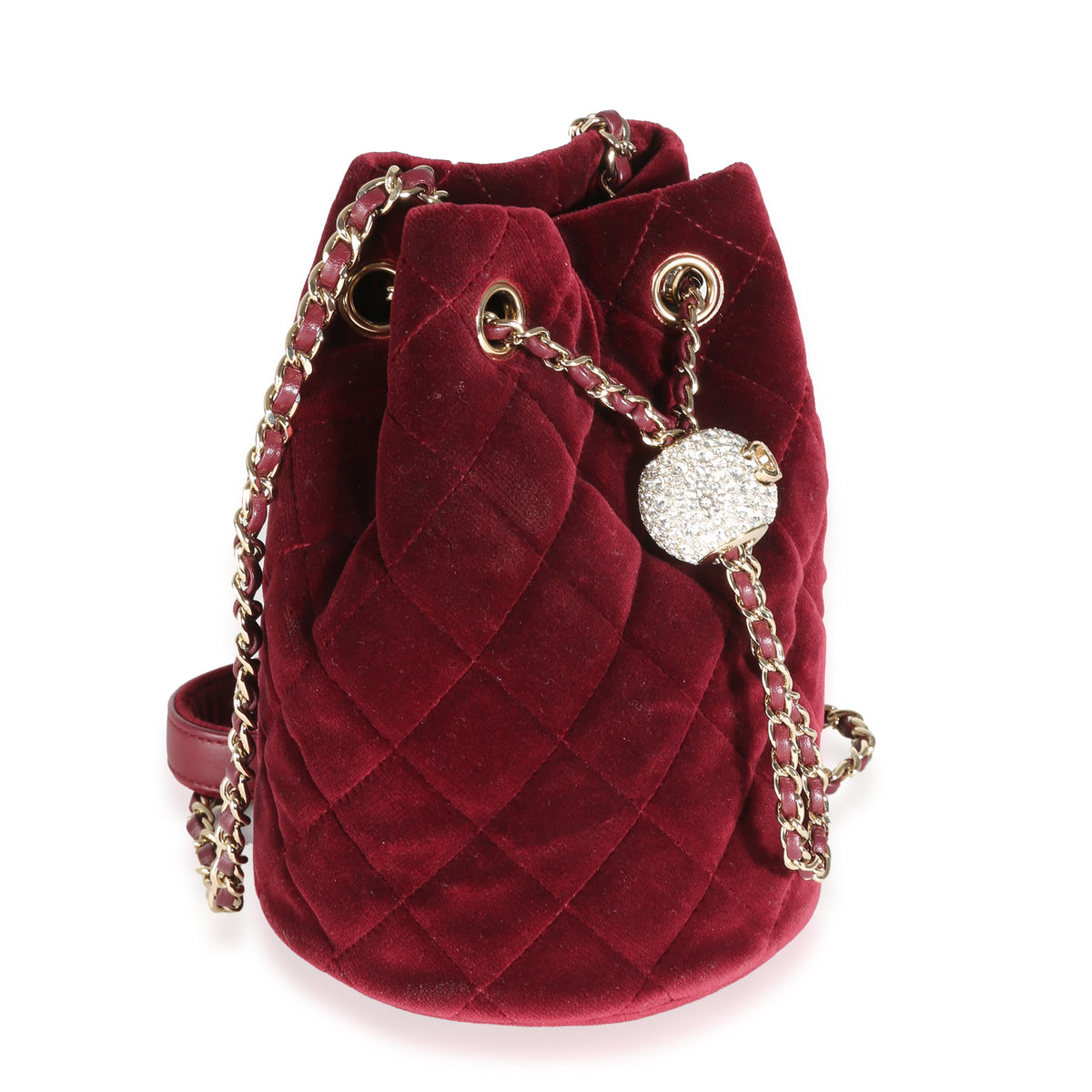 Burgundy Quilted Velvet CC Pearl Crush Bucket Bag