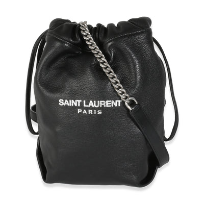 Black Lambskin Teddy Drawstring Bucket Bag