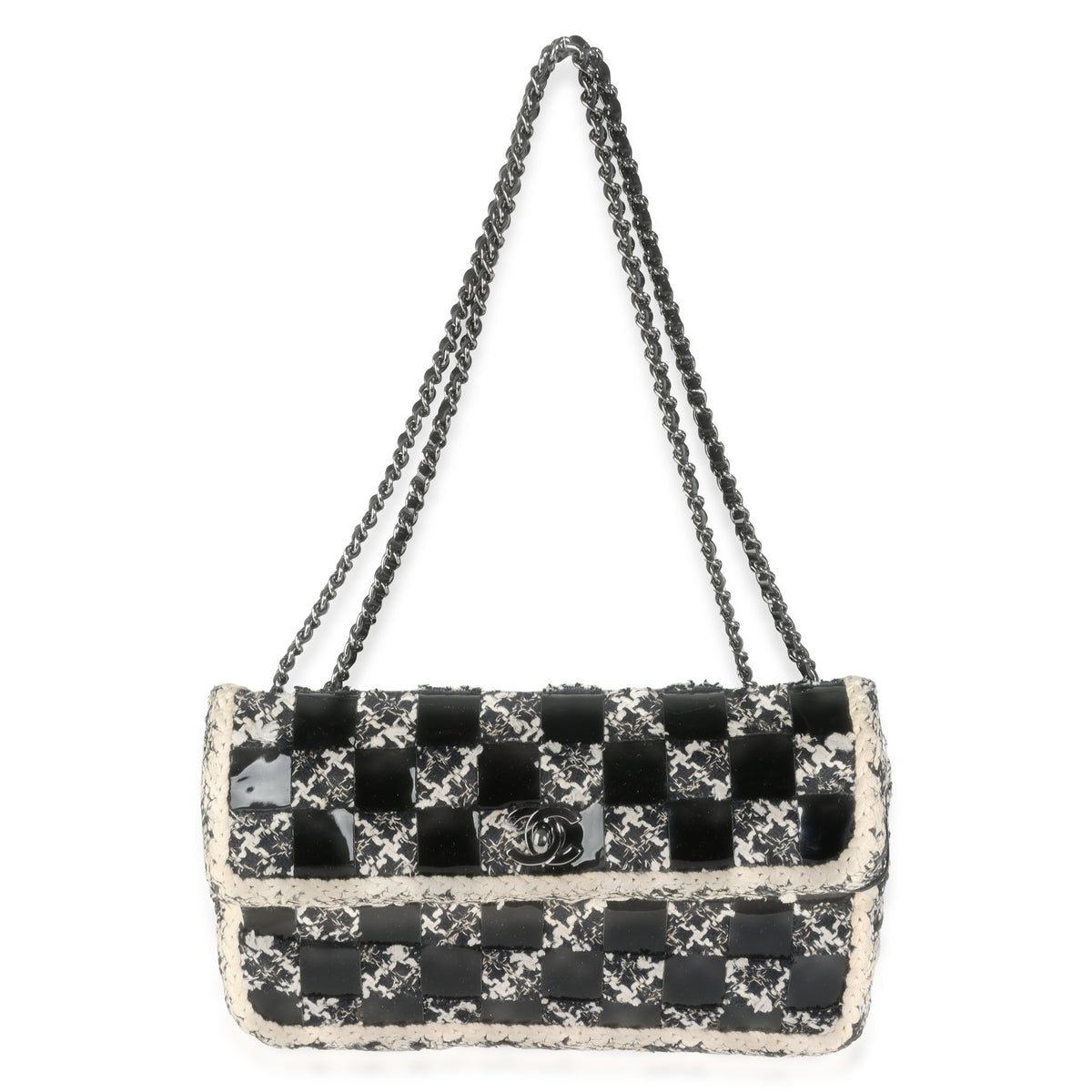 Black White Tweed Woven Patent Medium Flap Bag