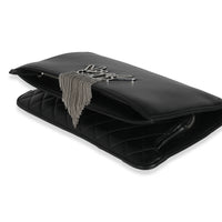 Black Lambskin Crystal Peace Sign Emoji Fold Over Clutch