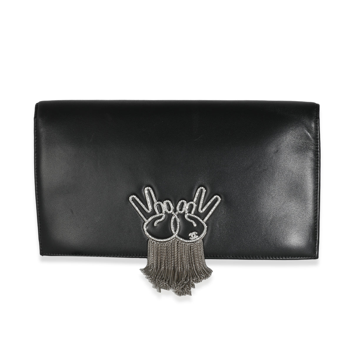 Black Lambskin Crystal Peace Sign Emoji Fold Over Clutch