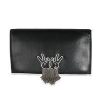 Black Lambskin Crystal Peace Sign Emoji Fold Over Clutch