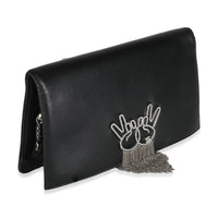 Black Lambskin Crystal Peace Sign Emoji Fold Over Clutch