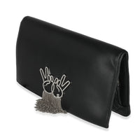 Black Lambskin Crystal Peace Sign Emoji Fold Over Clutch