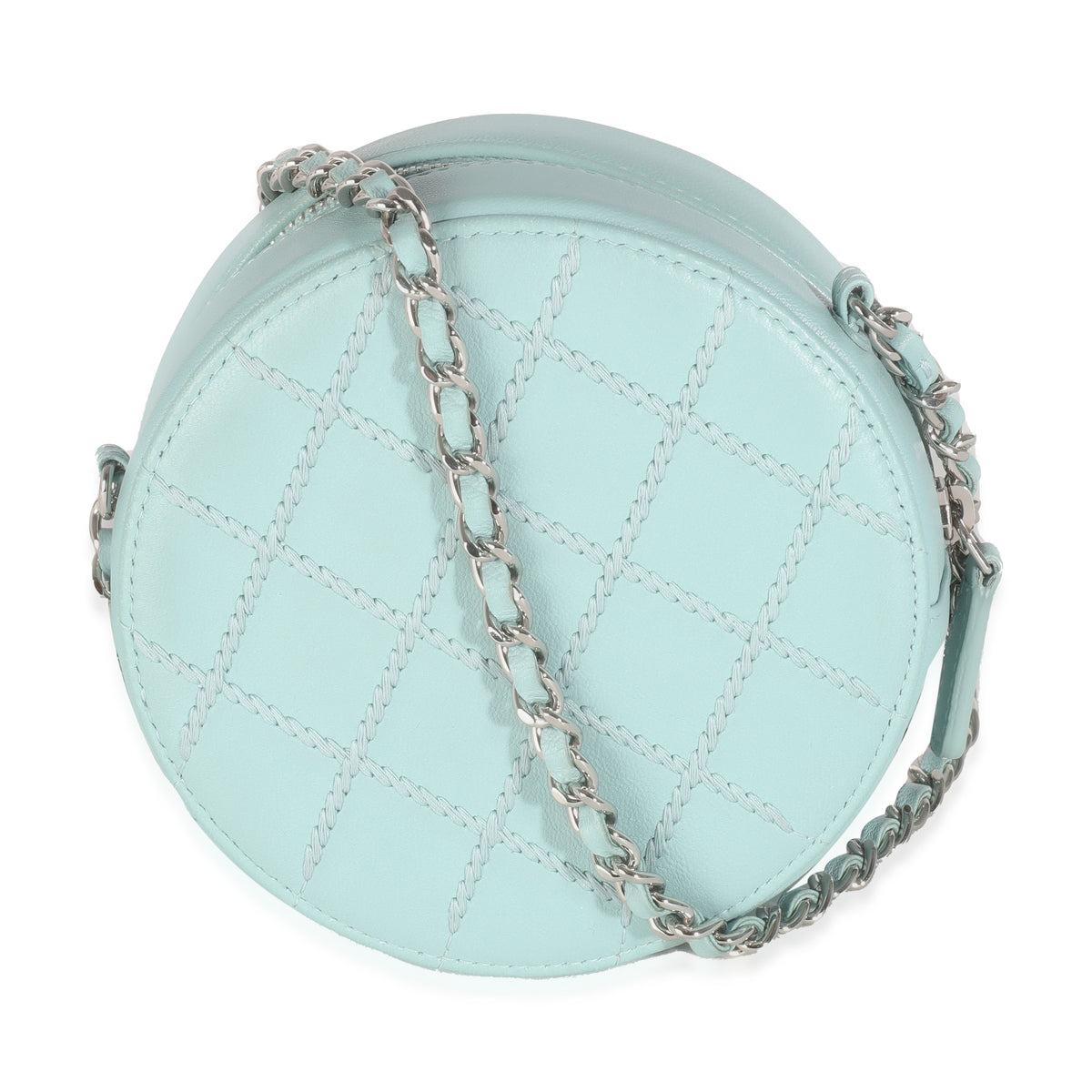 Light Blue Quilted Lambskin Round Clutch On Chain