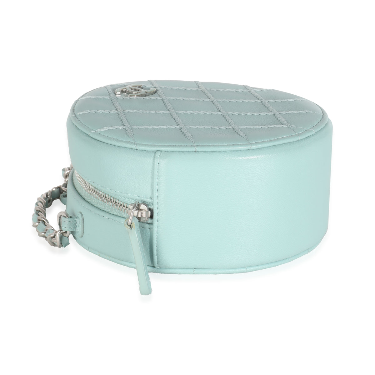 Light Blue Quilted Lambskin Round Clutch On Chain