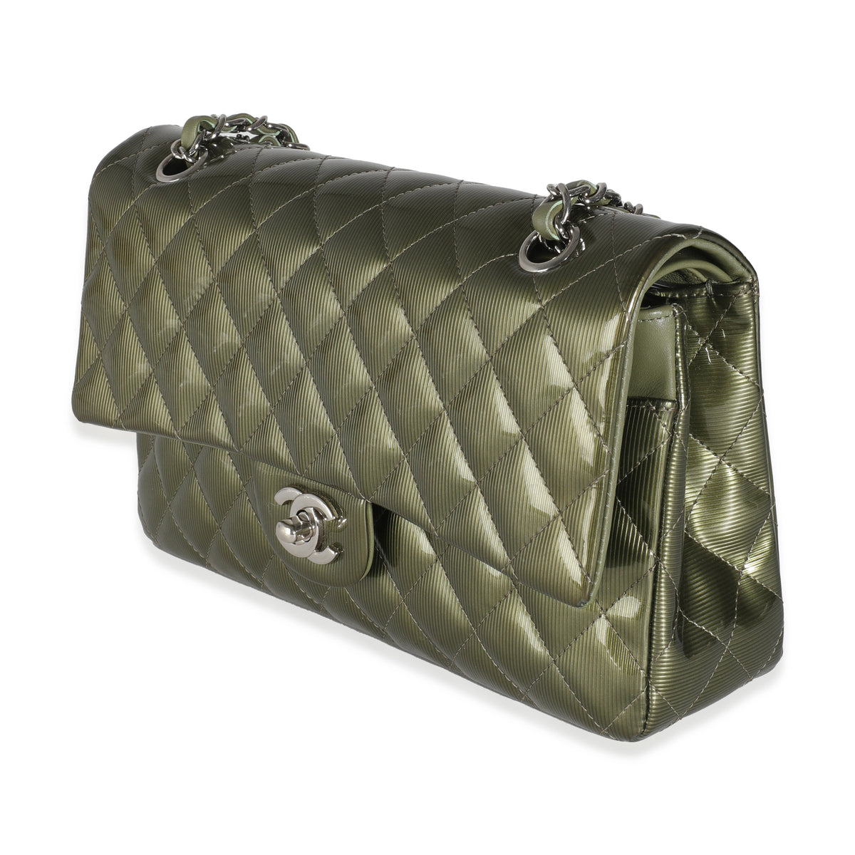 Green Striated Quilted Patent Medium Classic Double Flap Bag