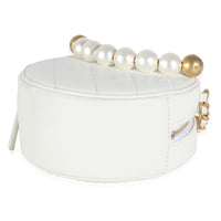 White Quilted Lambskin Pearl Round Clutch With Chain