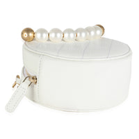 White Quilted Lambskin Pearl Round Clutch With Chain