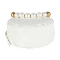 White Quilted Lambskin Pearl Round Clutch With Chain