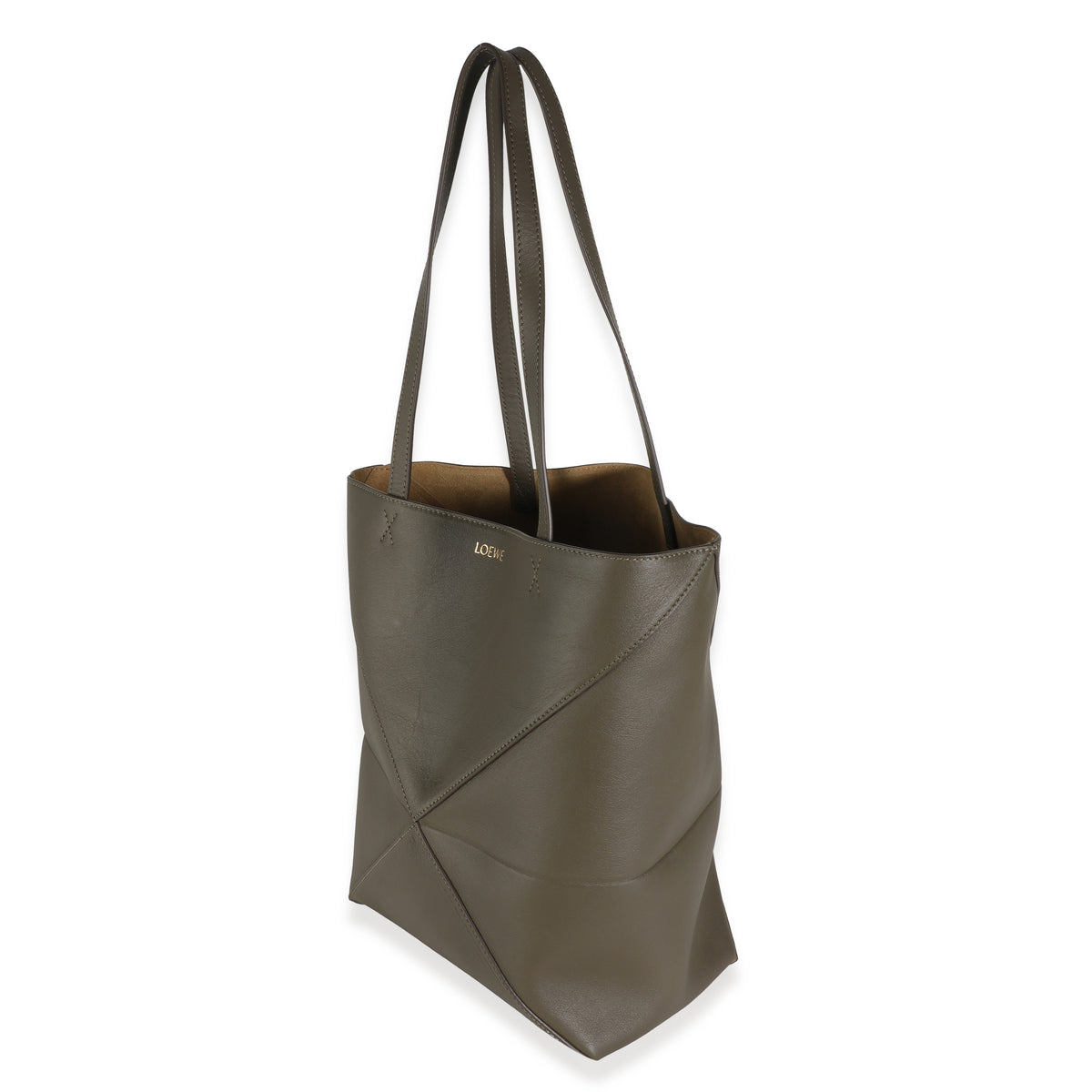 Khaki Shiny Calfskin Medium Puzzle Tote