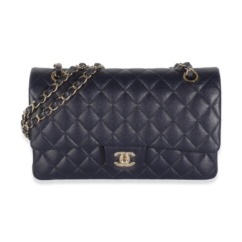 Navy Quilted Caviar Medium Classic Double Flap Handbag