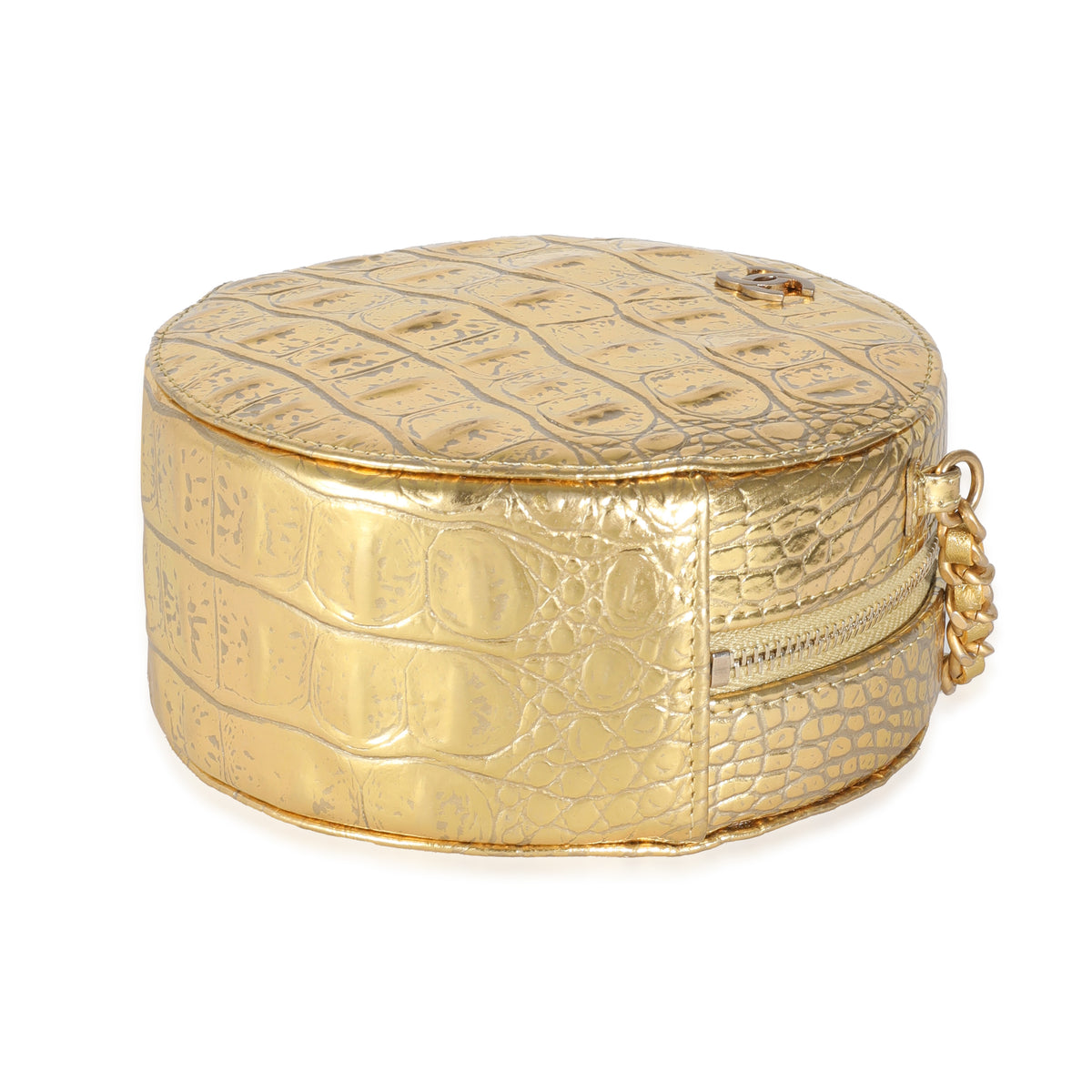 Metallic Gold Croc Embossed Calfskin Round Clutch On Chain