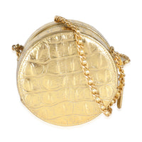 Metallic Gold Croc Embossed Calfskin Round Clutch On Chain